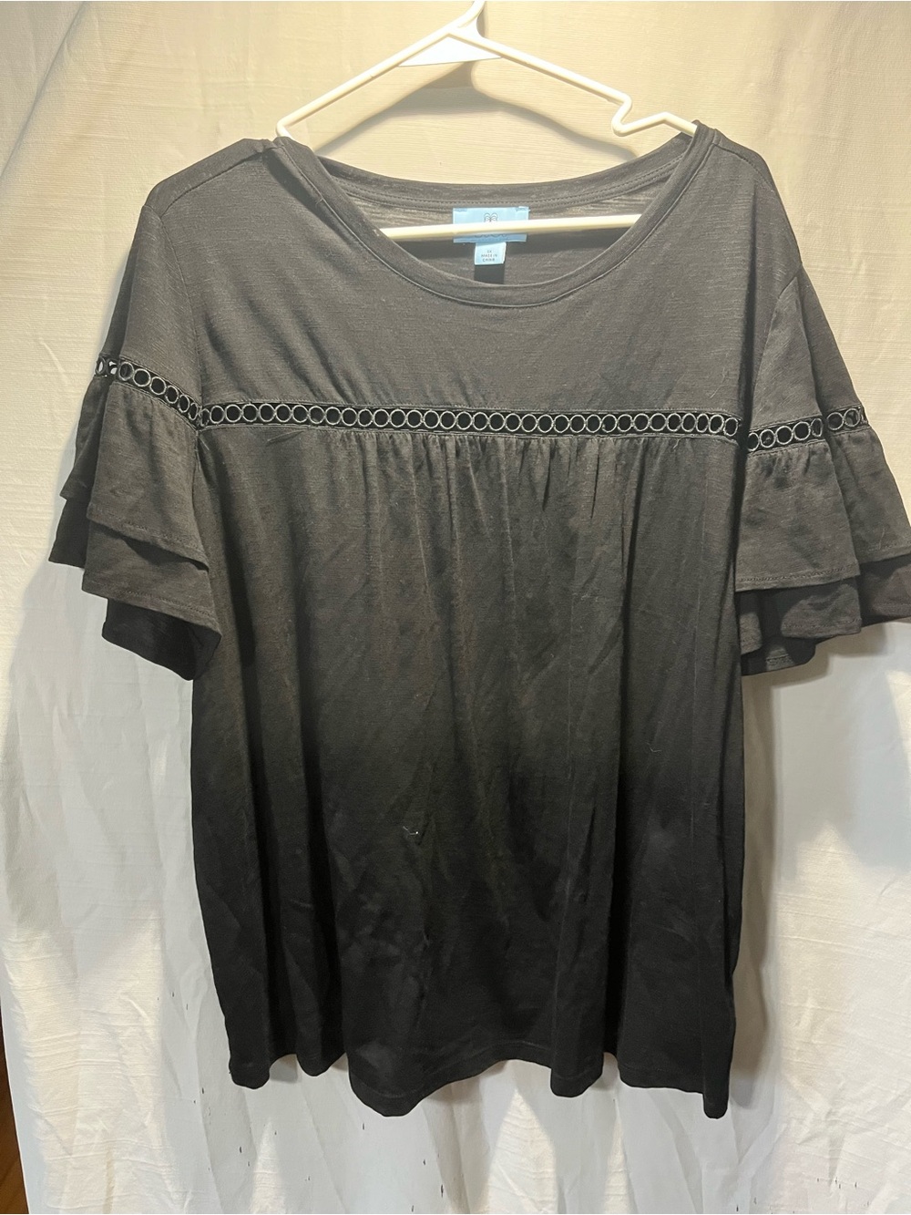 CeCe Black Ruffle Sleeve Lace-Trim Tee
